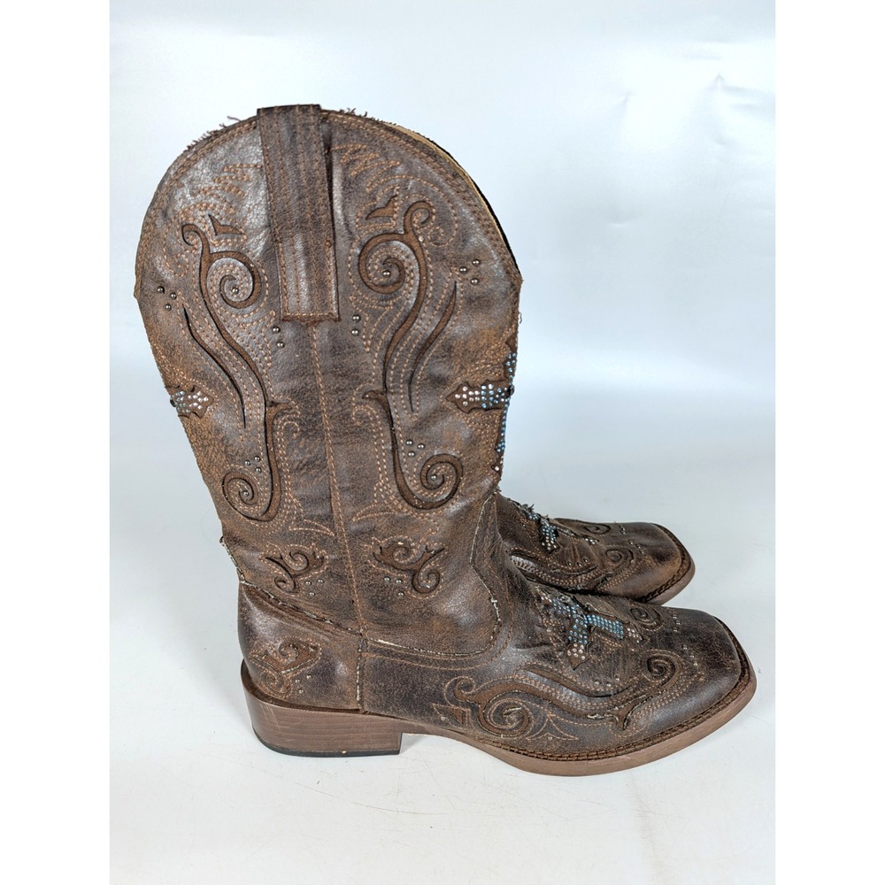 ROPER Cross Faith Rhinestone Square Toe Boots #09-021-1901-0937 Women's Size 9